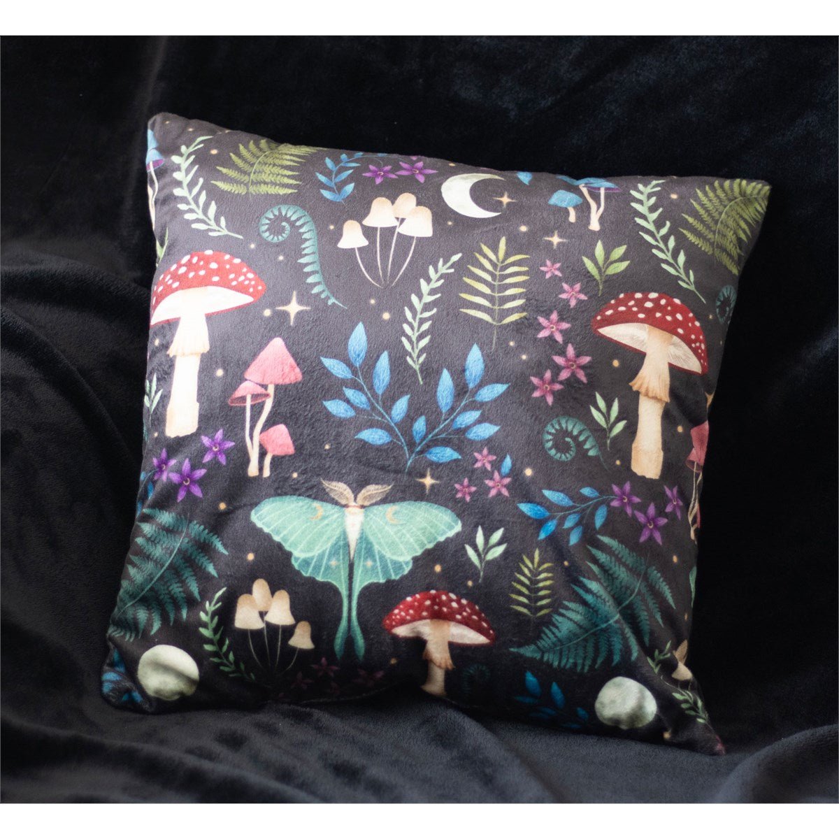 Dark Forest Mushroom & Moth Cushion – Square - Cushion - The Dark Rose Emporium
