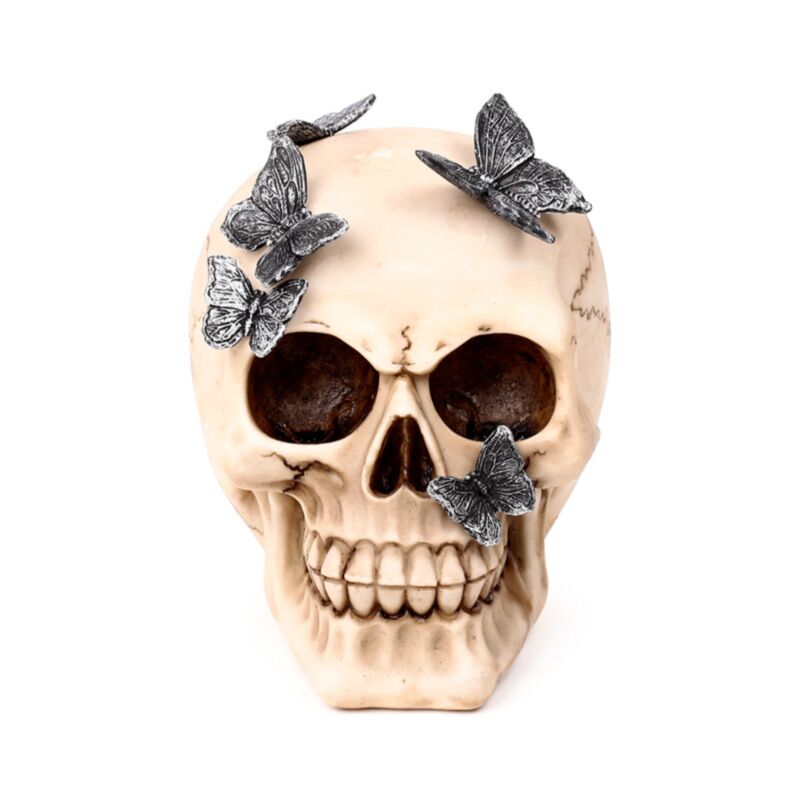 Skull With Metallic Butterflies - Decoration - The Dark Rose Emporium