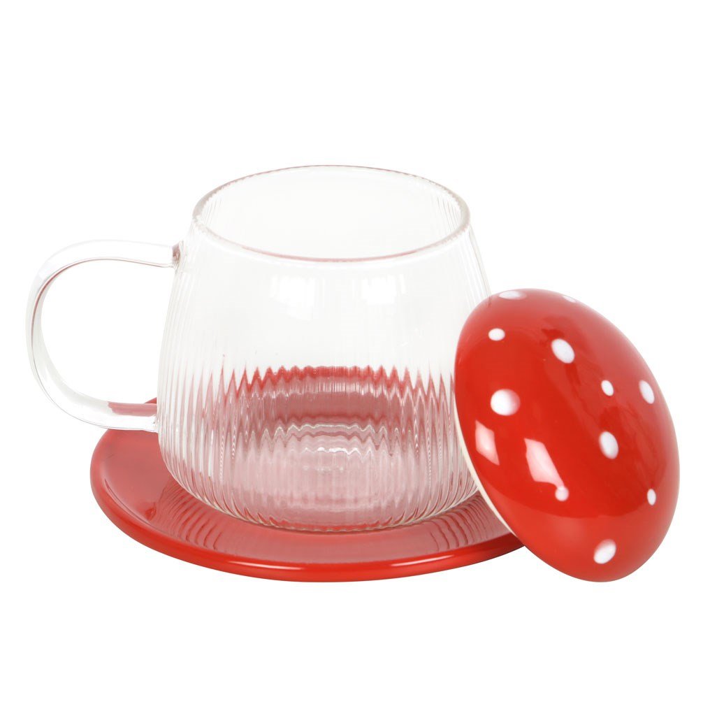 Toadstool Mushroom Glass Mug and Saucer - Mug - The Dark Rose Emporium