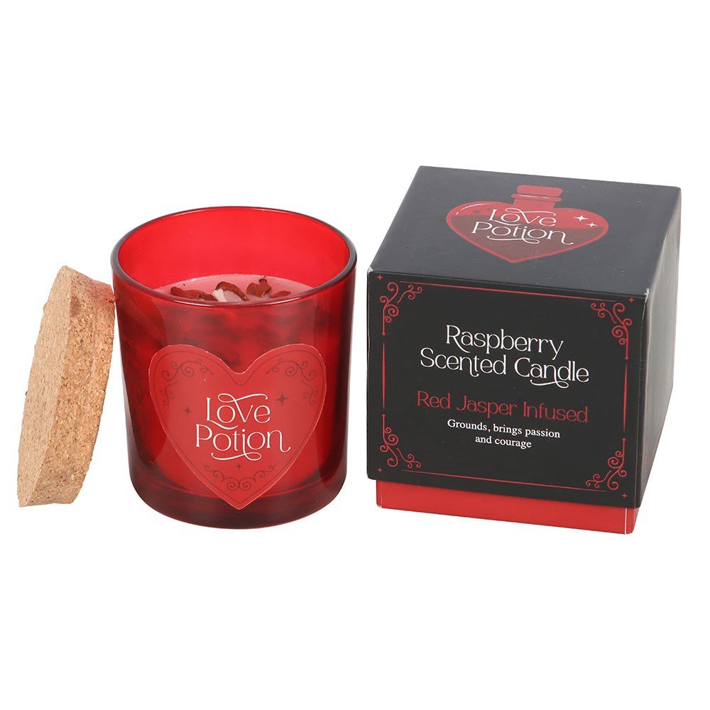 Love Potion Raspberry Scented Glass Candle With Jasper Chips And Cork Lid - Candle - The Dark Rose Emporium