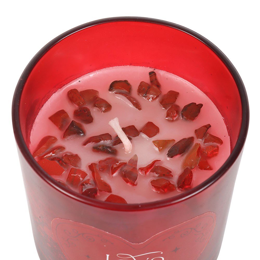 Love Potion Raspberry Scented Glass Candle With Jasper Chips And Cork Lid - Candle - The Dark Rose Emporium