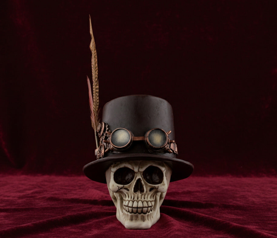 Steampunk Skull With Tophat And Feather - Decoration - The Dark Rose Emporium