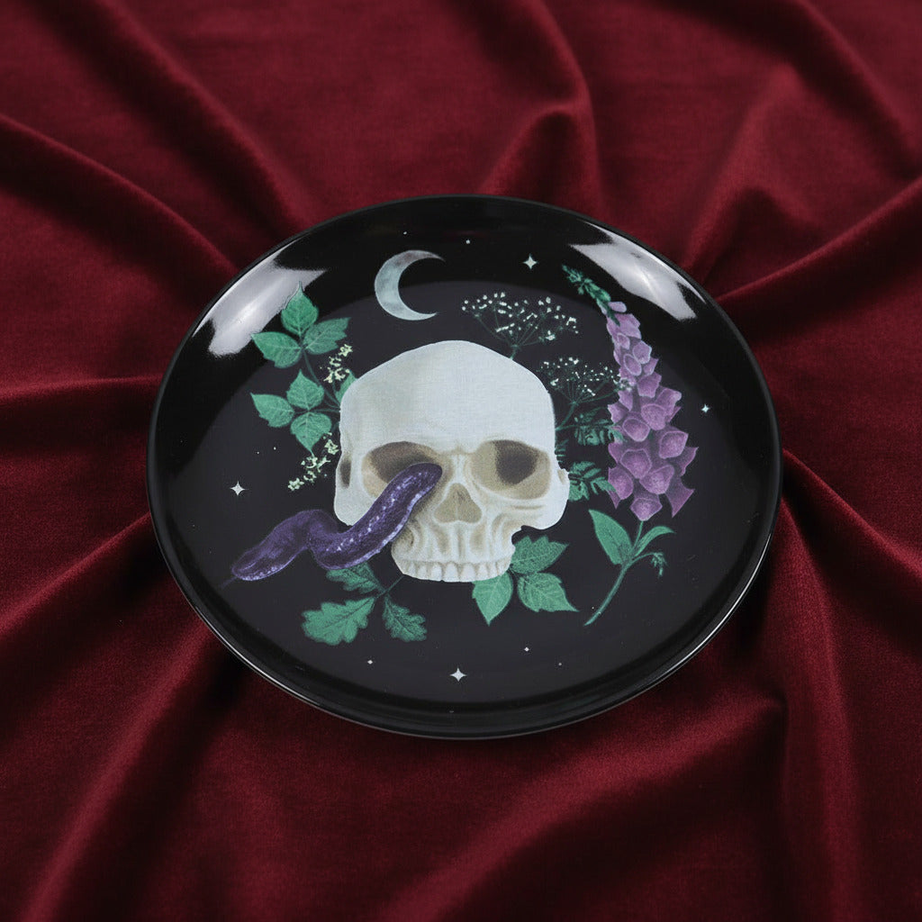 Venom & Vines Skull With Snake Ceramic Trinket Dish - Plate - The Dark Rose Emporium