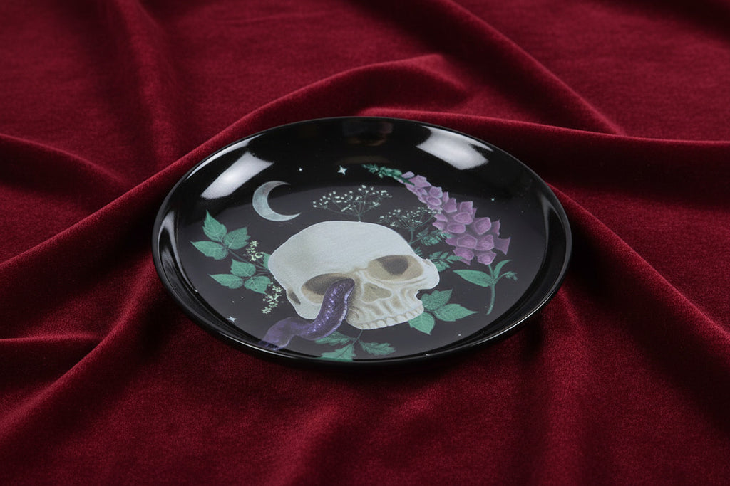 Venom & Vines Skull With Snake Ceramic Trinket Dish - Plate - The Dark Rose Emporium