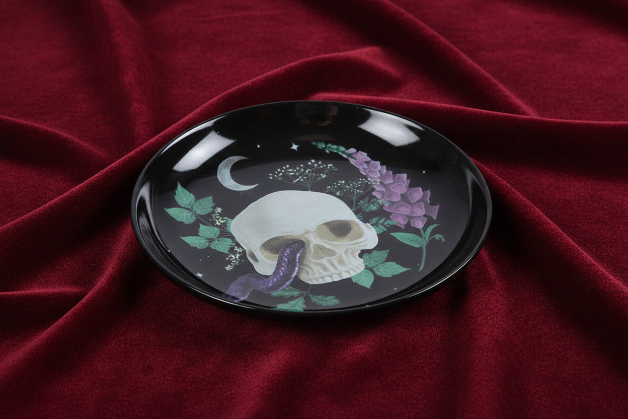 Venom & Vines Skull With Snake Ceramic Trinket Dish - Plate - The Dark Rose Emporium