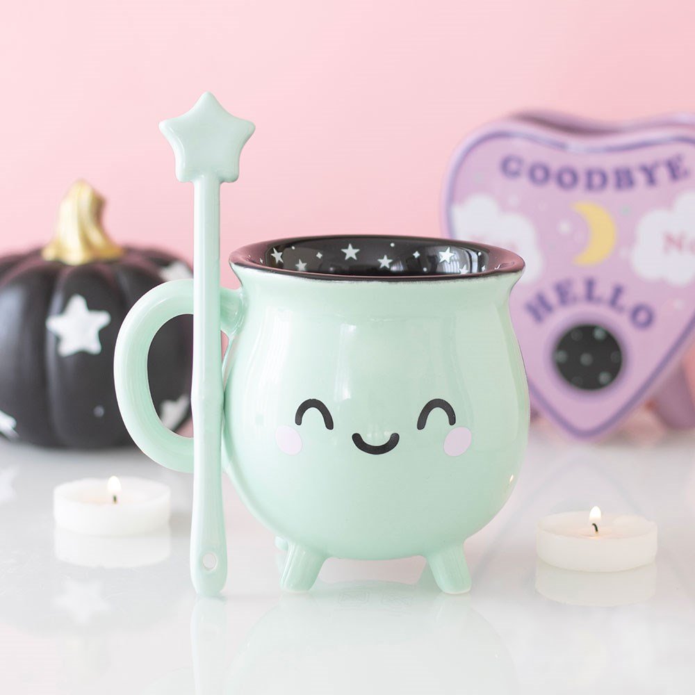 Candy Cauldron Mint Green Cauldron Mug with Wand Stirrer - Mug - The Dark Rose Emporium